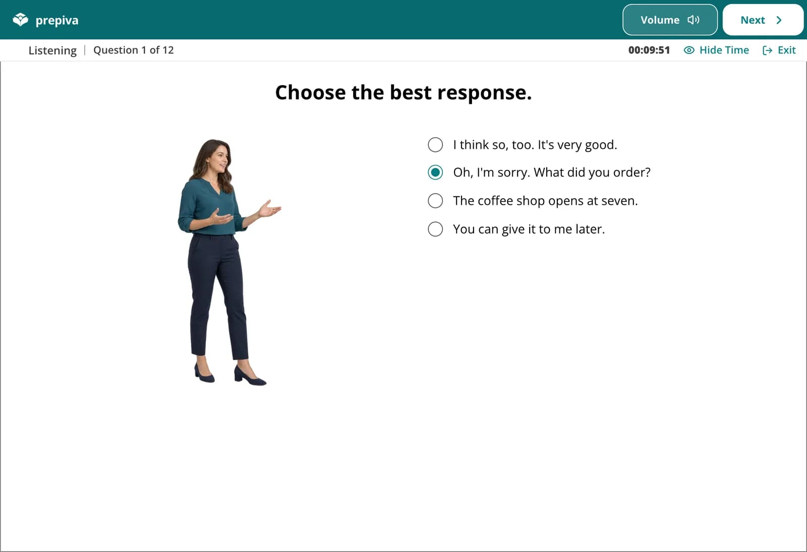 Prepiva Listening screen: Choose the best response, with a picture of the speaker and four written replies, one selected.