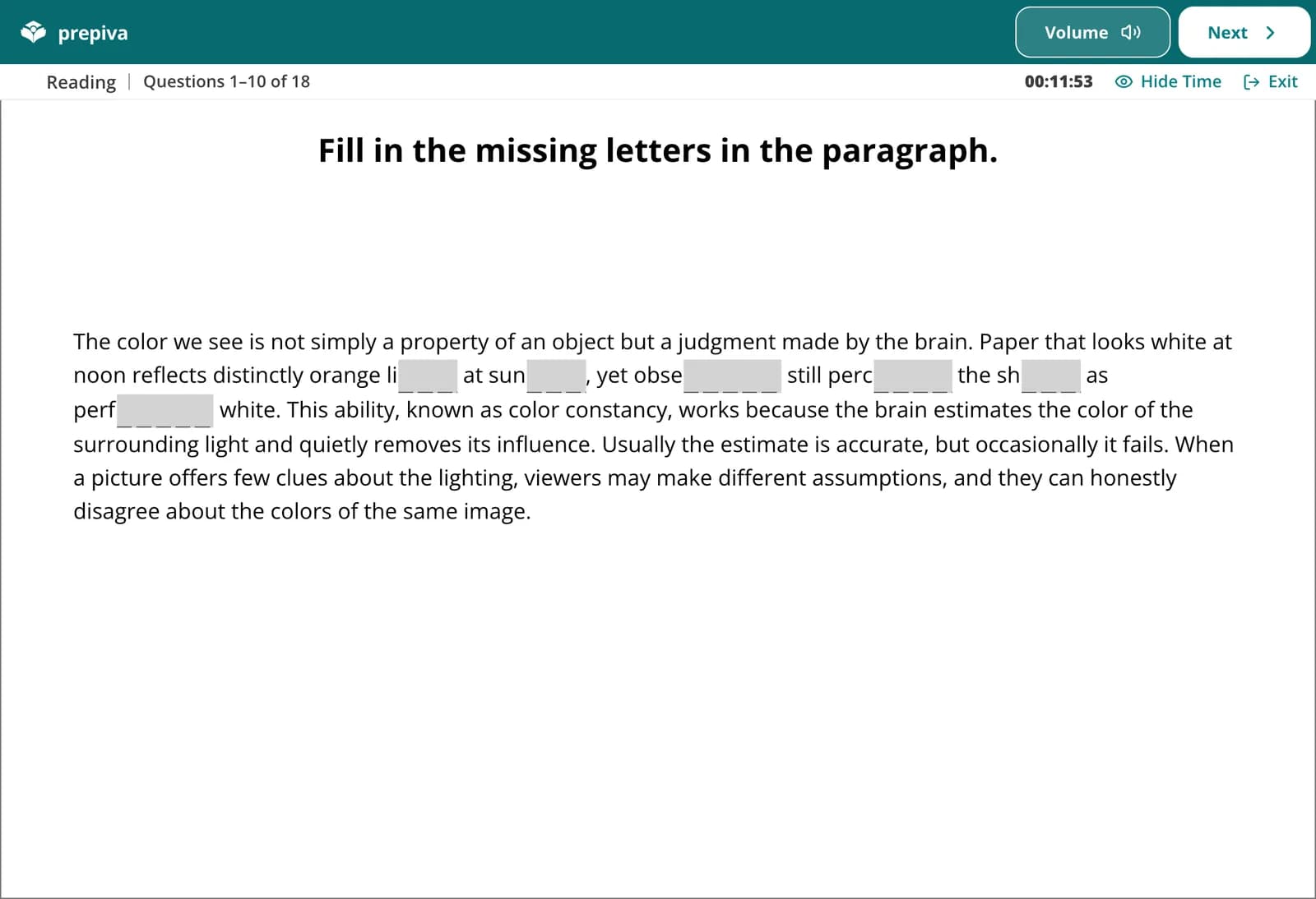 Prepiva Reading screen: Complete the Words, a paragraph with grey boxes for missing letters, and the section clock.
